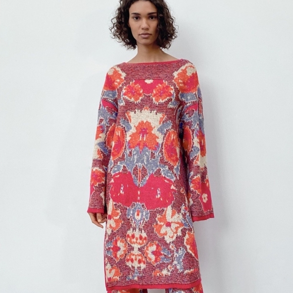 Zara Pink Jacquard Knit Tunic Sweater Dress NWT Size Small - Picture 2 of 16